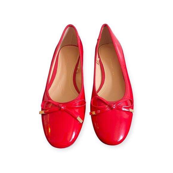 Zara Trafaluc Red Vegan Patent Leather Ballet Flats Sz 37 Classic Bow Slip-On - Picture 2 of 5